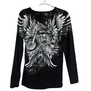 From Los Angeles Shirt Womens XL Black Motorcycle Rhinestone Wings Top Biker